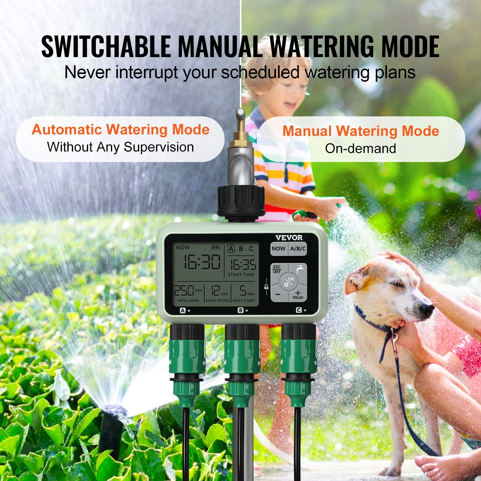 Water Timer, 3 Outlets, Hose Watering Sprinkler Timer, with 3 Independent Watering Zone LCD Display Rain Delay Mode Manual Mode 360 Brass Inlet Metal Filter, IPX6 Waterproof for Yard Watering