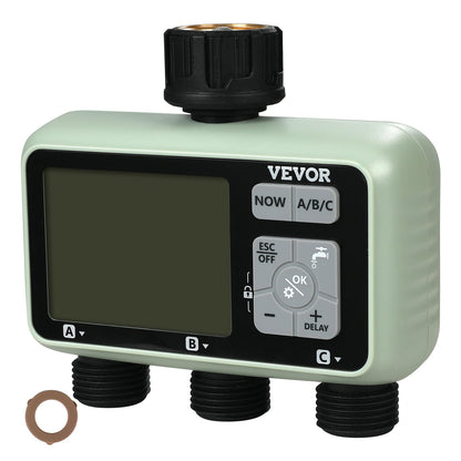 Water Timer, 3 Outlets, Hose Watering Sprinkler Timer, with 3 Independent Watering Zone LCD Display Rain Delay Mode Manual Mode 360 Brass Inlet Metal Filter, IPX6 Waterproof for Yard Watering