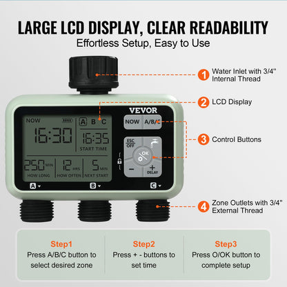 Water Timer, 3 Outlets, Hose Watering Sprinkler Timer, with 3 Independent Watering Zone LCD Display Rain Delay Mode Manual Mode 360 Brass Inlet Metal Filter, IPX6 Waterproof for Yard Watering