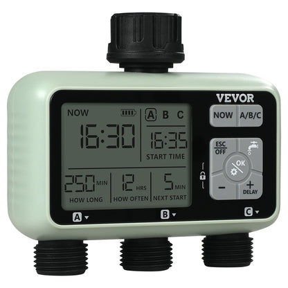 Water Timer, 3 Outlets, Hose Watering Sprinkler Timer, with 3 Independent Watering Zone LCD Display Rain Delay Mode Manual Mode 360 Brass Inlet Metal Filter, IPX6 Waterproof for Yard Watering
