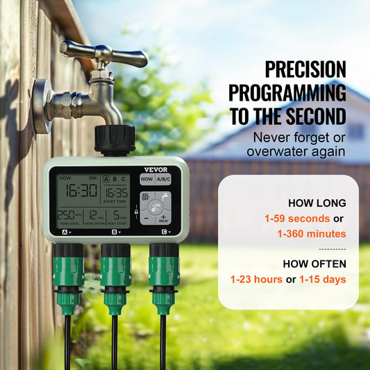 Water Timer, 3 Outlets, Hose Watering Sprinkler Timer, with 3 Independent Watering Zone LCD Display Rain Delay Mode Manual Mode 360 Brass Inlet Metal Filter, IPX6 Waterproof for Yard Watering