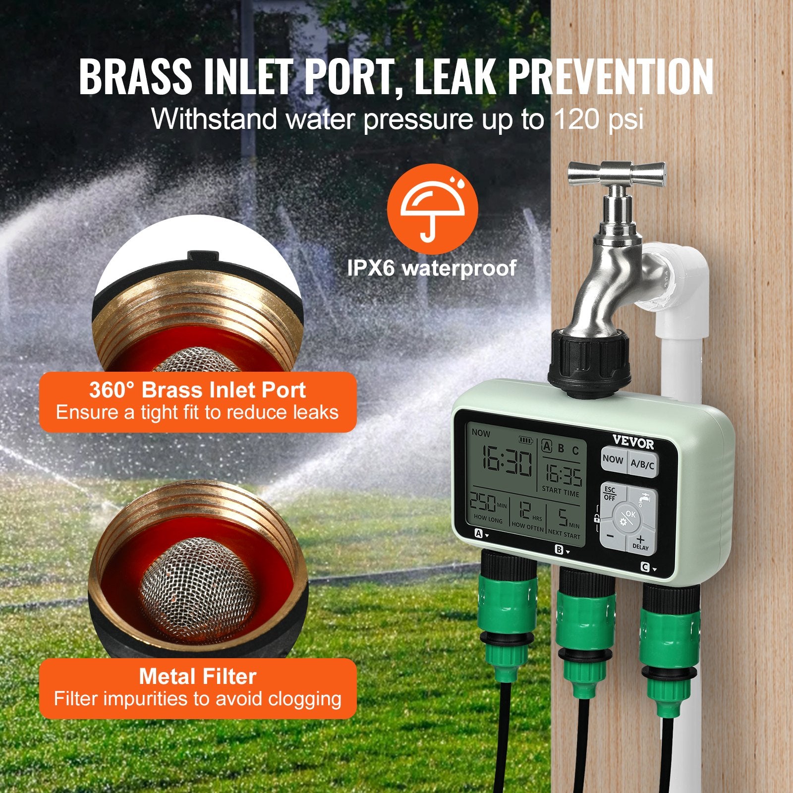 Water Timer, 3 Outlets, Hose Watering Sprinkler Timer, with 3 Independent Watering Zone LCD Display Rain Delay Mode Manual Mode 360 Brass Inlet Metal Filter, IPX6 Waterproof for Yard Watering