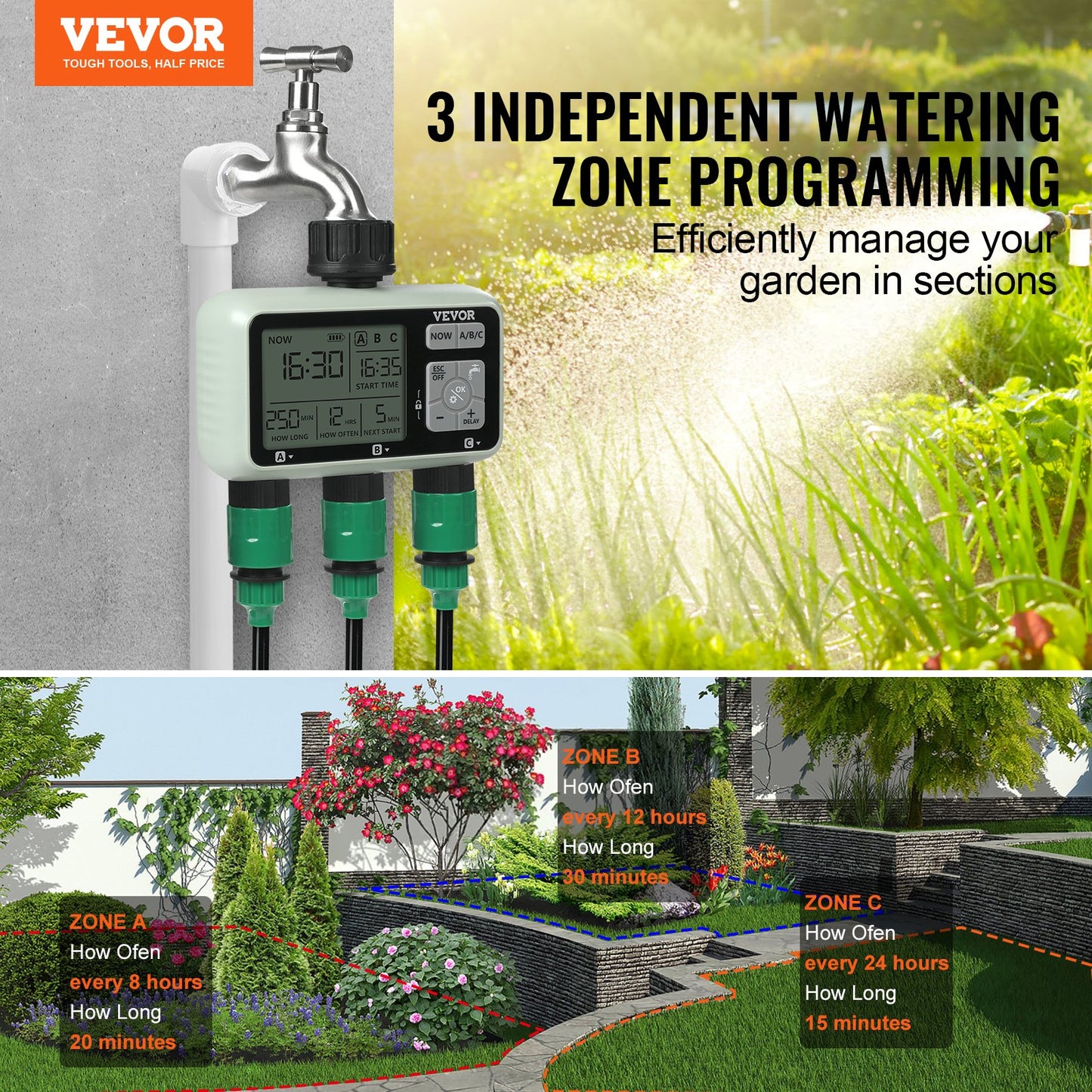 Water Timer, 3 Outlets, Hose Watering Sprinkler Timer, with 3 Independent Watering Zone LCD Display Rain Delay Mode Manual Mode 360 Brass Inlet Metal Filter, IPX6 Waterproof for Yard Watering
